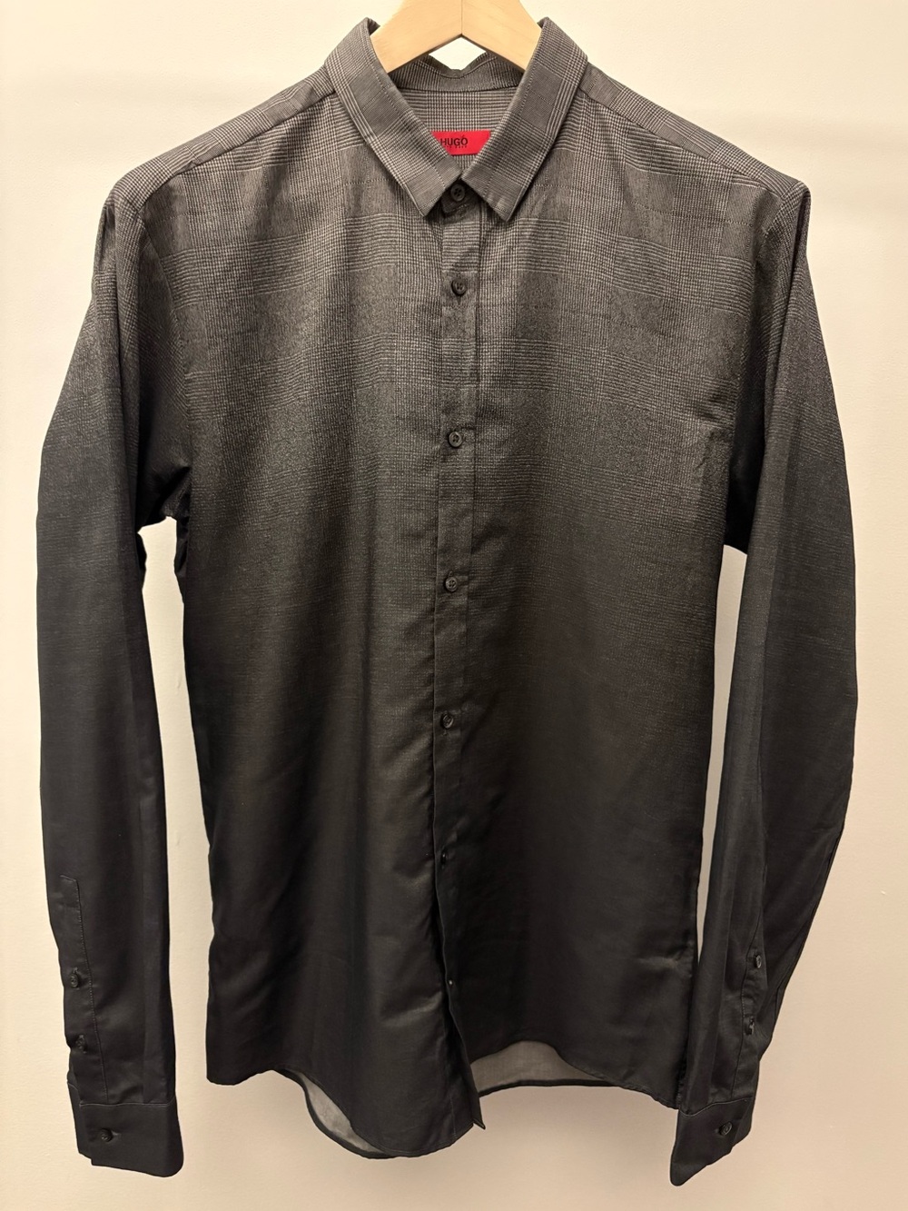HUGO Hugo Boss Dress Shirt Extra Slim Fit Gray/Blk Ombre Houndstooth Plaid L